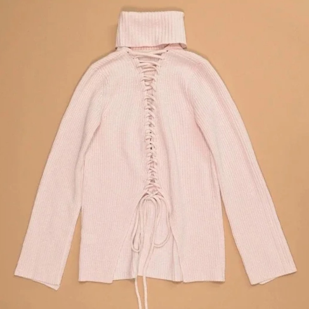 A.L.C. Alexander Pink Wool Cashmere Turtleneck Lace Up Back Sweater